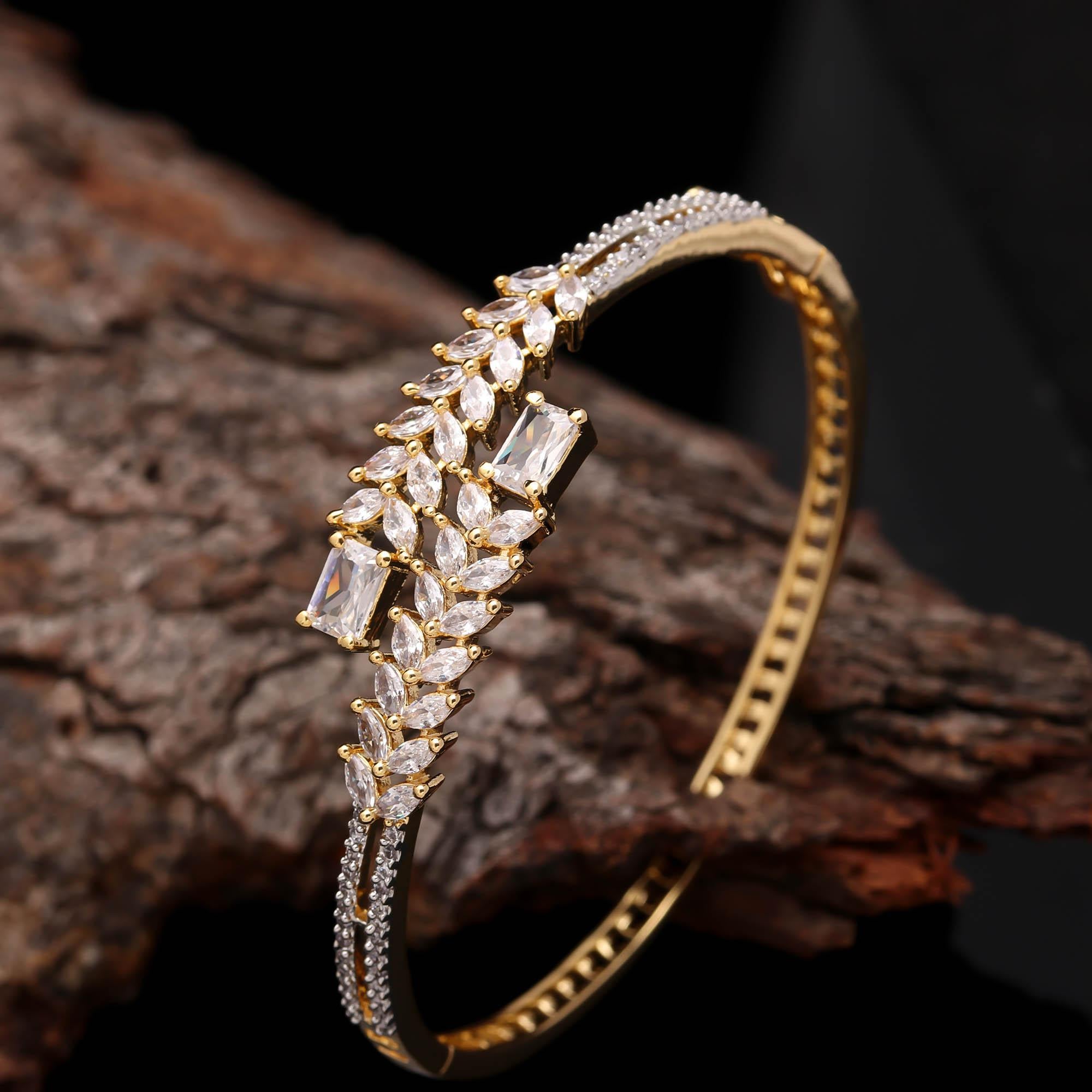Gold-Plated Leaf Design CZ Stone Bangle for Women | Party & Wedding Wear Bracelet